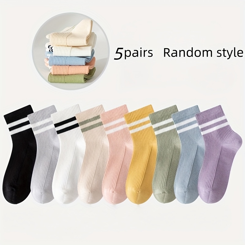 E-shop 5 Paar Damen gestreifte Sport-Knöchelsocken für alle Jahreszeiten, trendige, bequeme, modische vielseitige gestreifte Kurzsocken in zufälligen