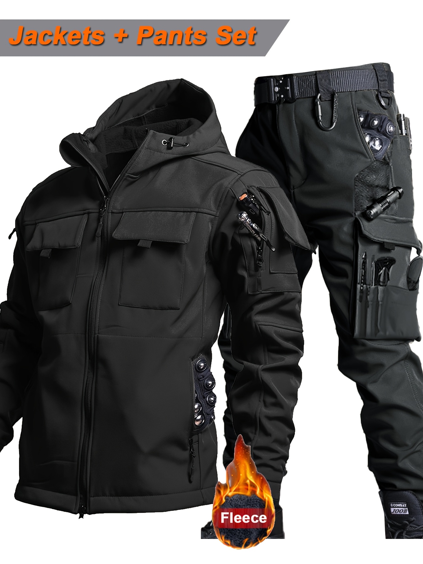 taktisk förtjockad 2-  set för män, utomhus, avslappnad softshelljacka och cargobyxor, höst vinter fleece     vindtät   arbetsklädsel multi-    och  , ridning vandring utforskning klättring outfit utan tillägg