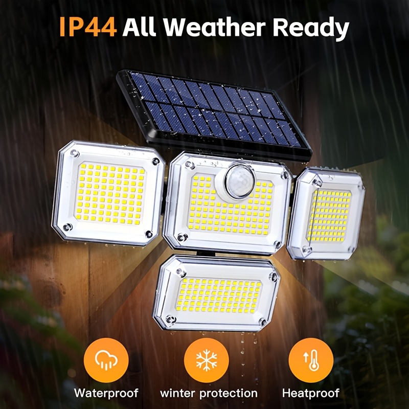 TEMU Solar Wall Lights Outdoor 333led 4-head 360° Adjustable Motion Sensor Security Lights Auto For Yard, Garden, Fence, Patio, Garage, Driveway, Porch Easy Setup Halloween Lights & Home Decor