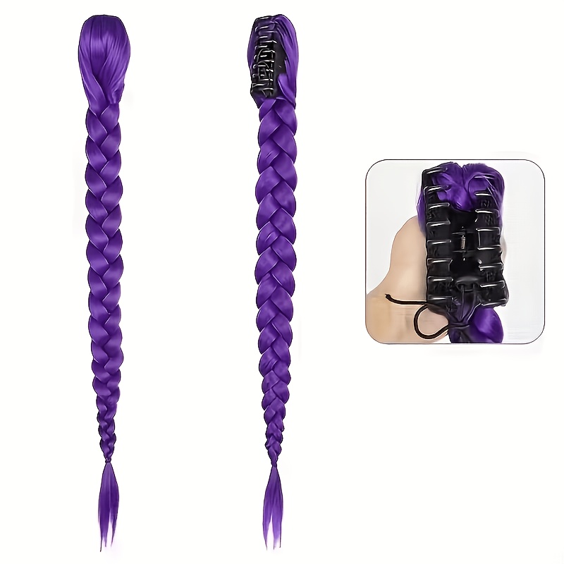 TEMU Kpop Purple Long Hair Fishtail Braid Hair Clip Ponytail Synthetic Wig | High-temperature Fiber, Curly Waves, Korean Trend, Role Play, Anime