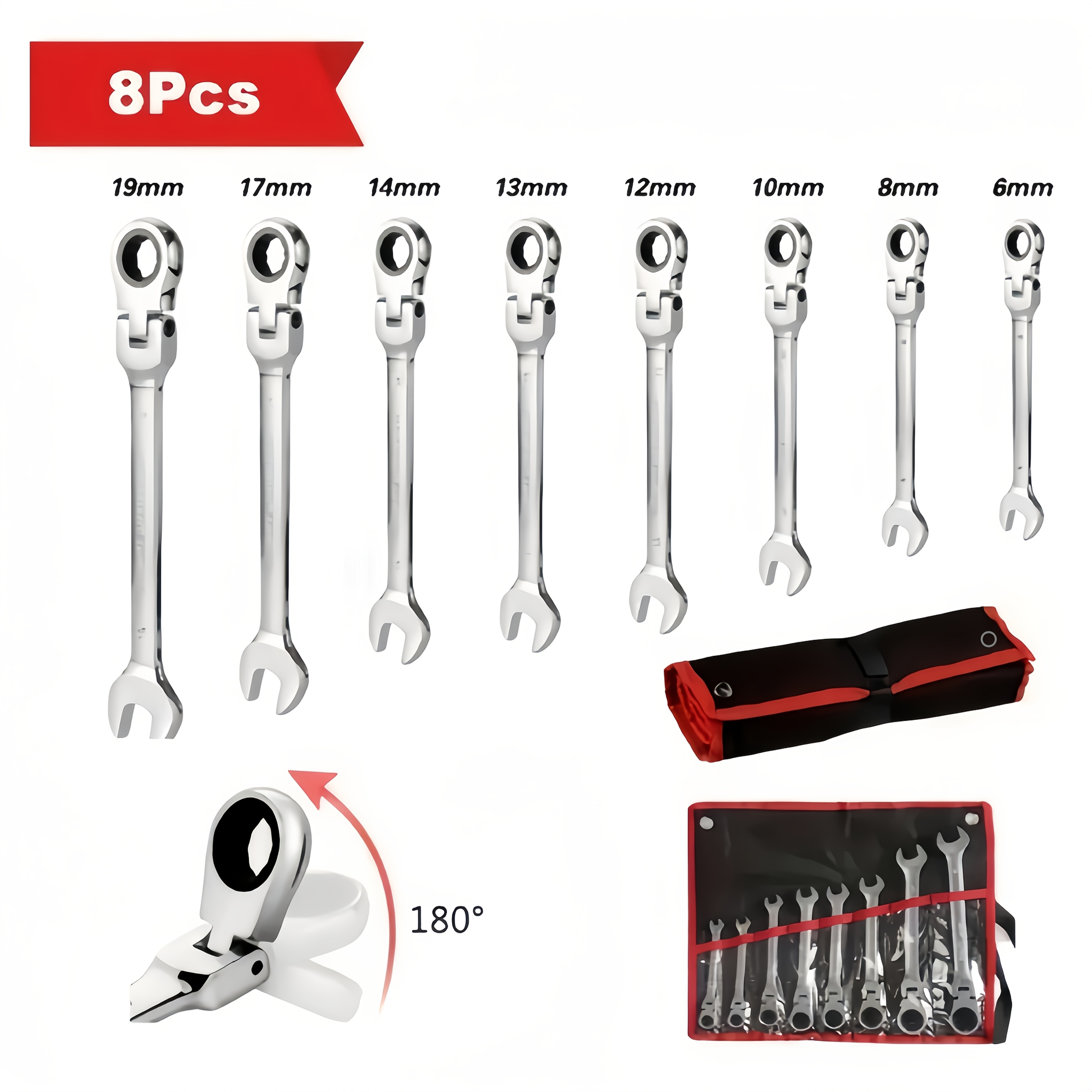 TEMU 8pcs Multi-functional Ratchet Wrench Set, Adjustable Ratchet Wrench Set, Metric, 6-19mm, 72 Teeth, Steel Ratchet Wrench Set, With Storage Bag,