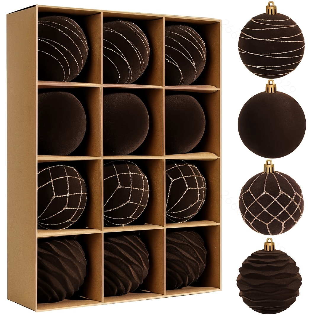 TEMU 12pcs 12pcs Suitable For Christmas 12pcs Bohemian Shatterproof Round Ornament Balls - 8cm/3.15inch Brown Plastic & Velvet Xmas Tree Decorations