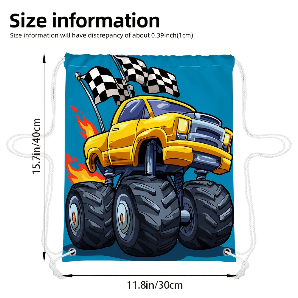 TEMU 1pc Monster Truck-themed Backpack With 2d Truck & Flags Print - Durable Soft Fabric, Lightweight Bookbag With Multiple Pockets & Drawstring
