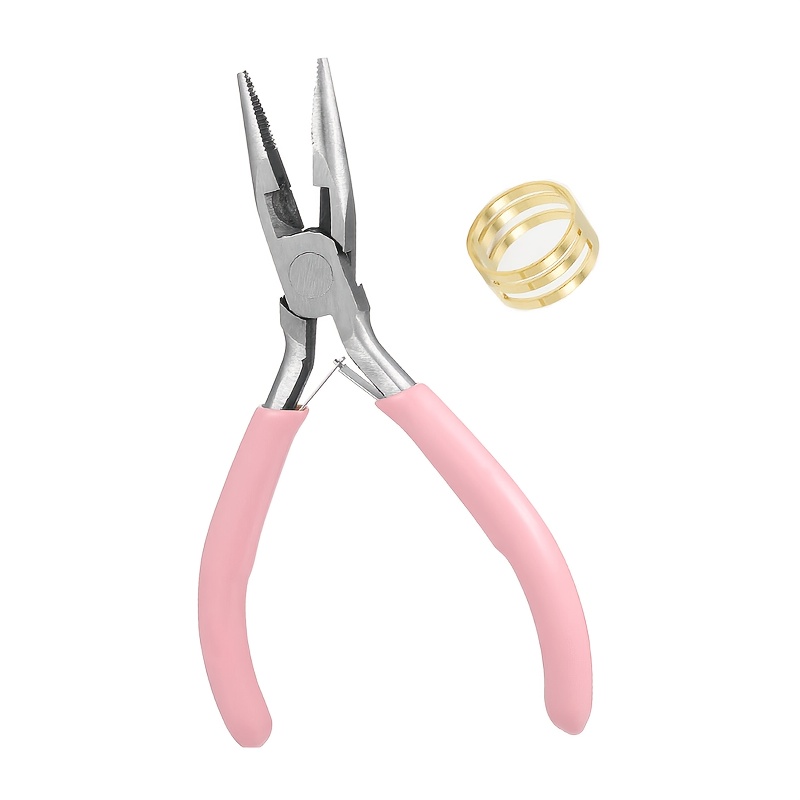 Image of Pink-handled Serrated Needle Nose Pliers With Round-tip Jaw And Serrated Edge - Ideal For Diy Beadwork And Handcrafted High-quality Carbon Steel Tools