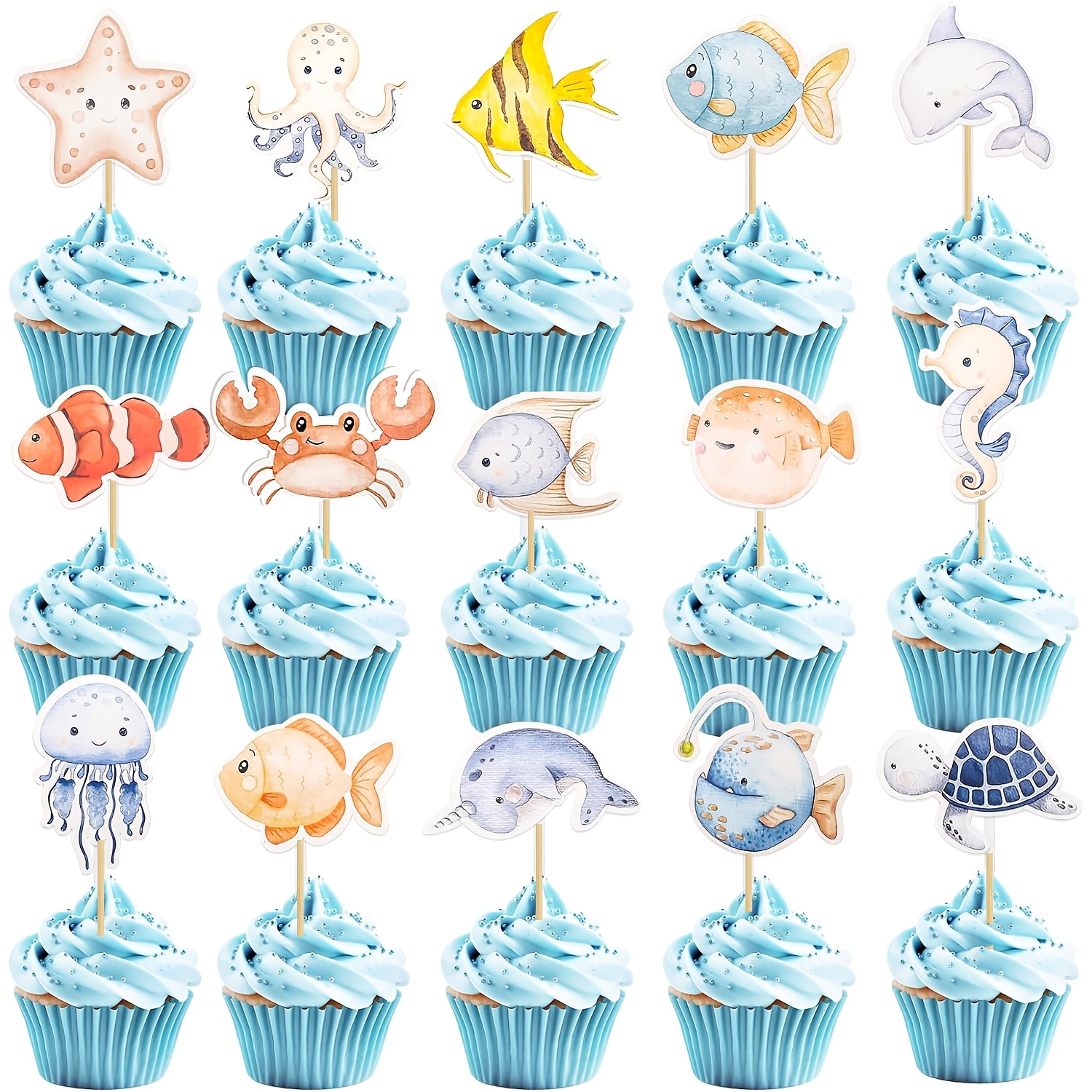 Image of 18pcs Sea Animals Cupcake Toppers, Ocean Theme Cake Decoration Birthday, Decoration Cake, Fish Muffin Decoration, Seahorse Cupcake Decoration For Birthday, Baby Shower Cupcake Toppers