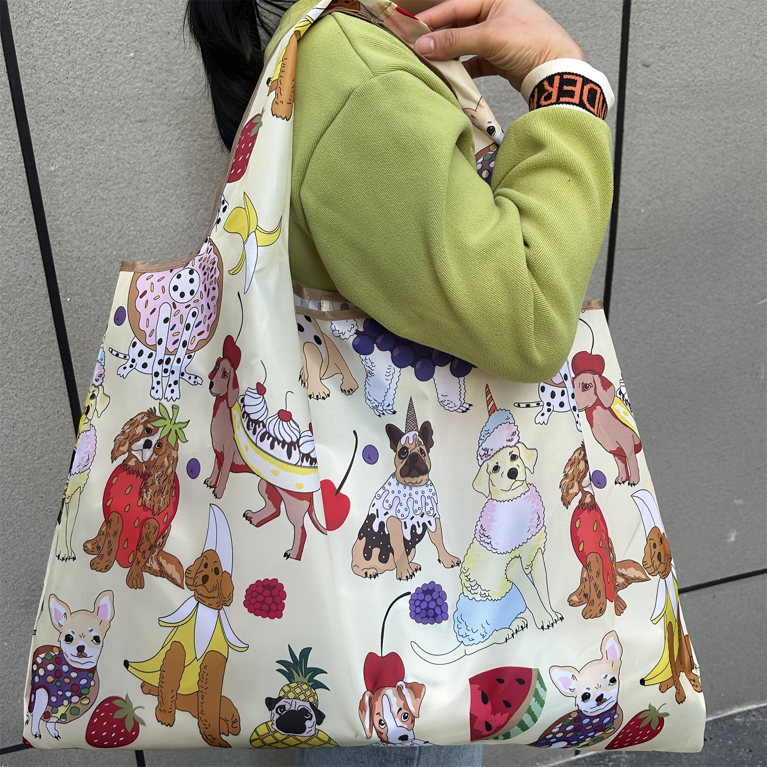 Bolsa de compras grande plegable con diseño de perro de dibujos animados de frutas, bolsa de supermercado de nailon resistente, bolsa de mano, bolsa de hombro para mujer, bolsa de mano adecuada para viajes y camping