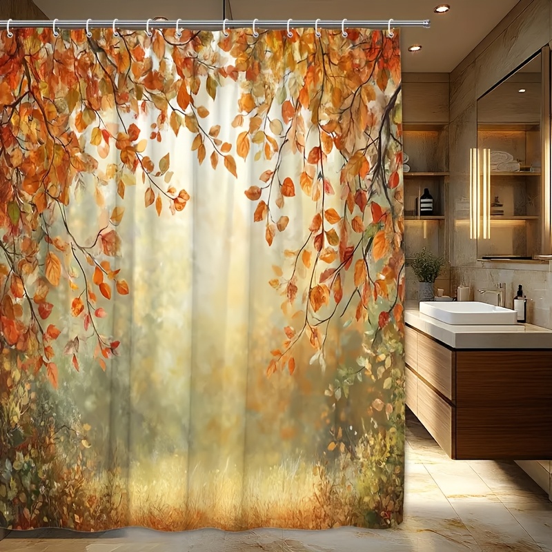 TEMU 1pc Autumn Style Shower Curtain, Featuring A Scene Of Autumn Woods With Elements Like Orange And Yellow Leaves, Branches, And Grass. Made Of, It