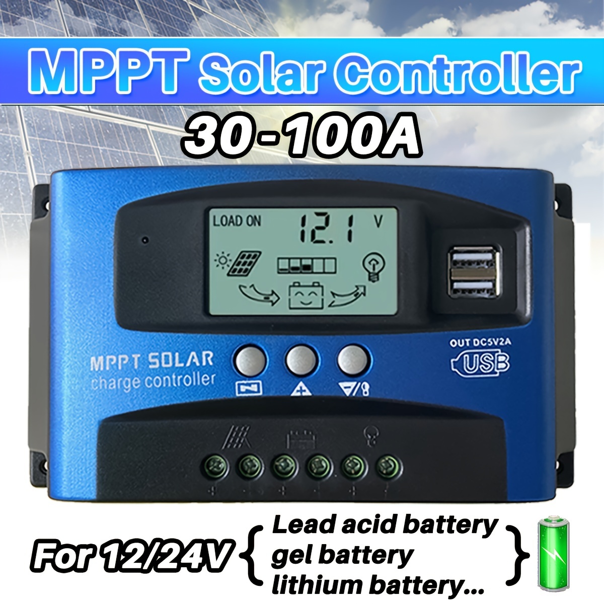 MPPT Controlador de carga solar 100A 12V/24V Auto Panel Solar Regulador  inteligente con doble puerto USB Pantalla LCD para baterías de plomo ácido