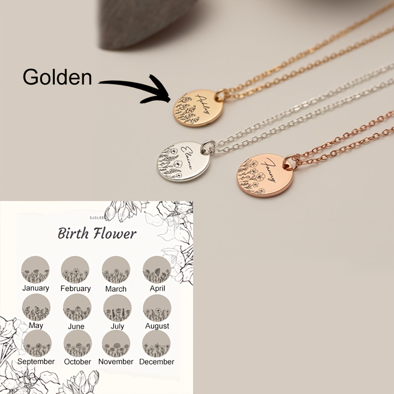 TEMU Customized Personalized Birth Flower Necklace, A Floral Necklace Engraved With A Name, Perfect As A Birthday Gift For A For , Suitable For
