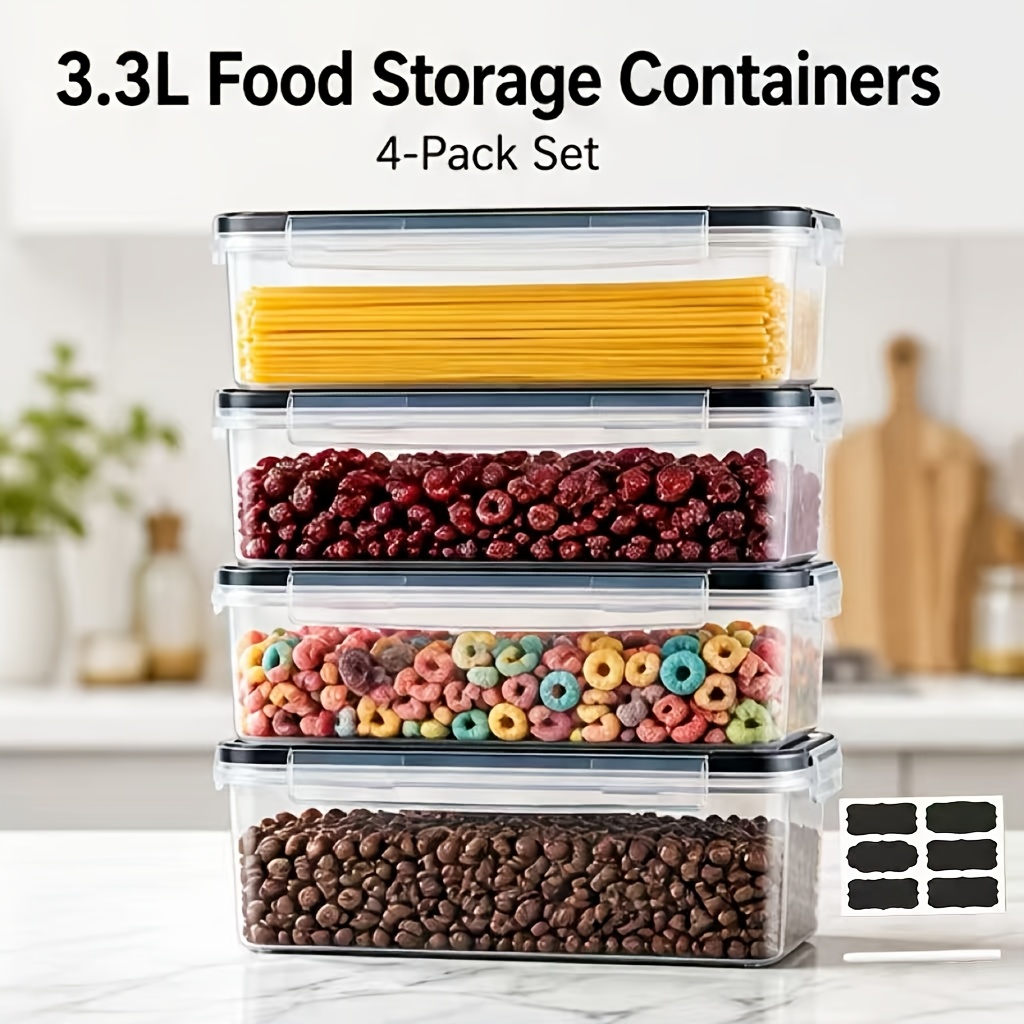 TEMU 4-pack 3.3l Sealed Food Storage Box With Lid, Plastic Grain , Suitable For Organizing Pasta, Grains, Snacks, And Other , Airtight Kitchen Food