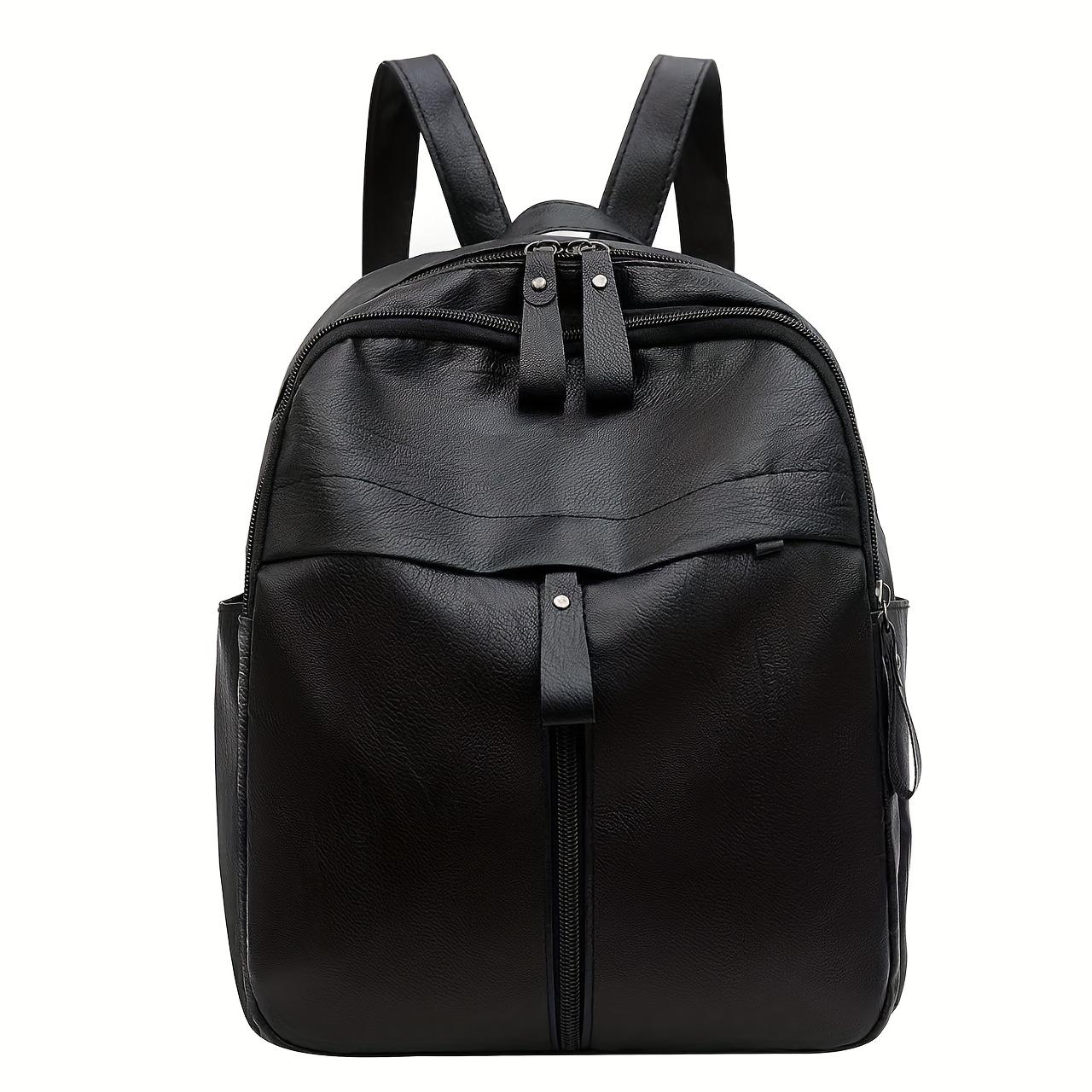 

1pc Chic Black Leather Backpack - Sleek With Adjustable Straps, Front Zip Pocket, And Polyester Lining For Use & Travel