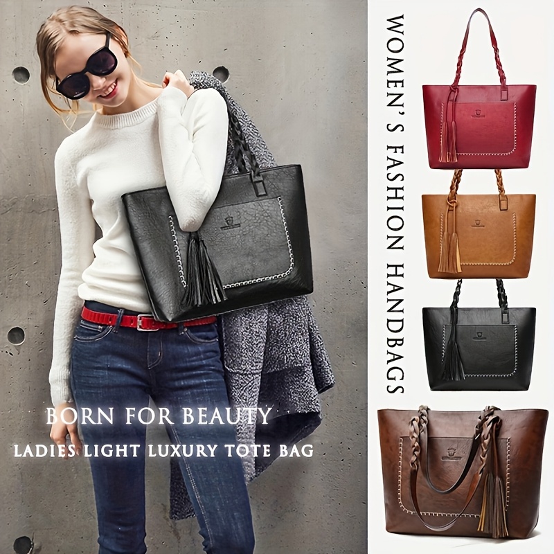 

Elegant Women' Tote Bag With Retro Tassel, Large-capacity Leather Handbag, Simple Commuter Shoulder Bag