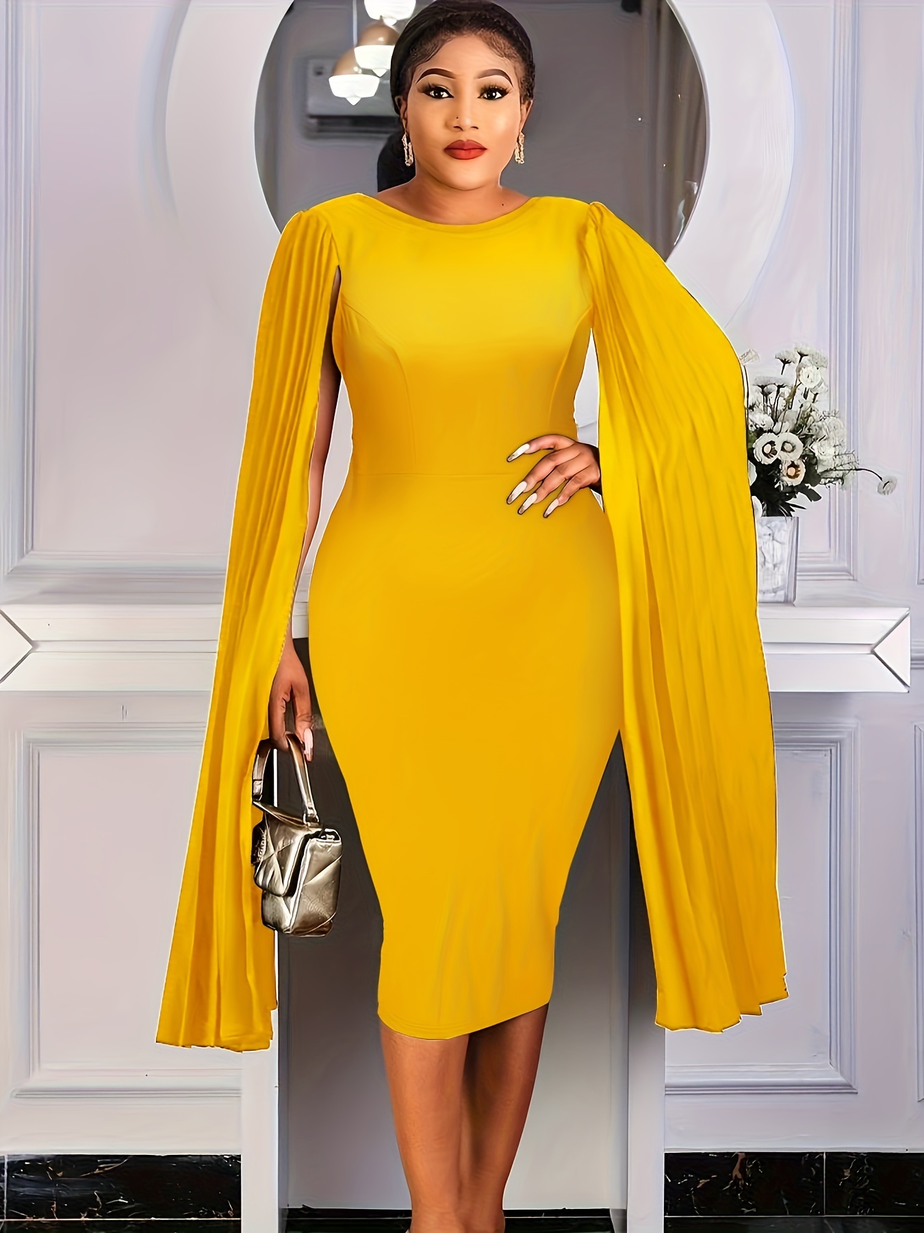 green emerald velvet dress Yellow Satin Long Sleeve Prom Dresses Beaded Lace V-Neck Mother of the –  Viniodress main image 0