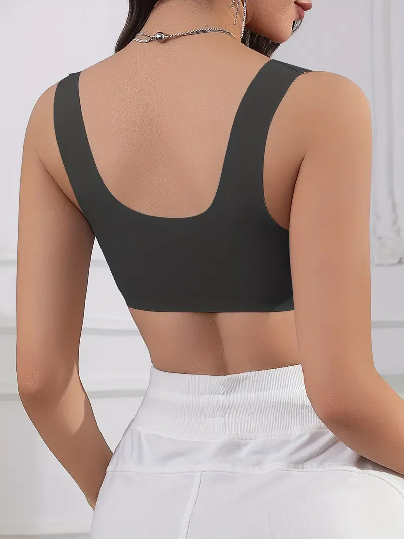 womens solid color front closure bra with shell pattern trim integrated wide shoulder straps non removable pads wire free 5 colors from meeting multi environment wear Product details 7