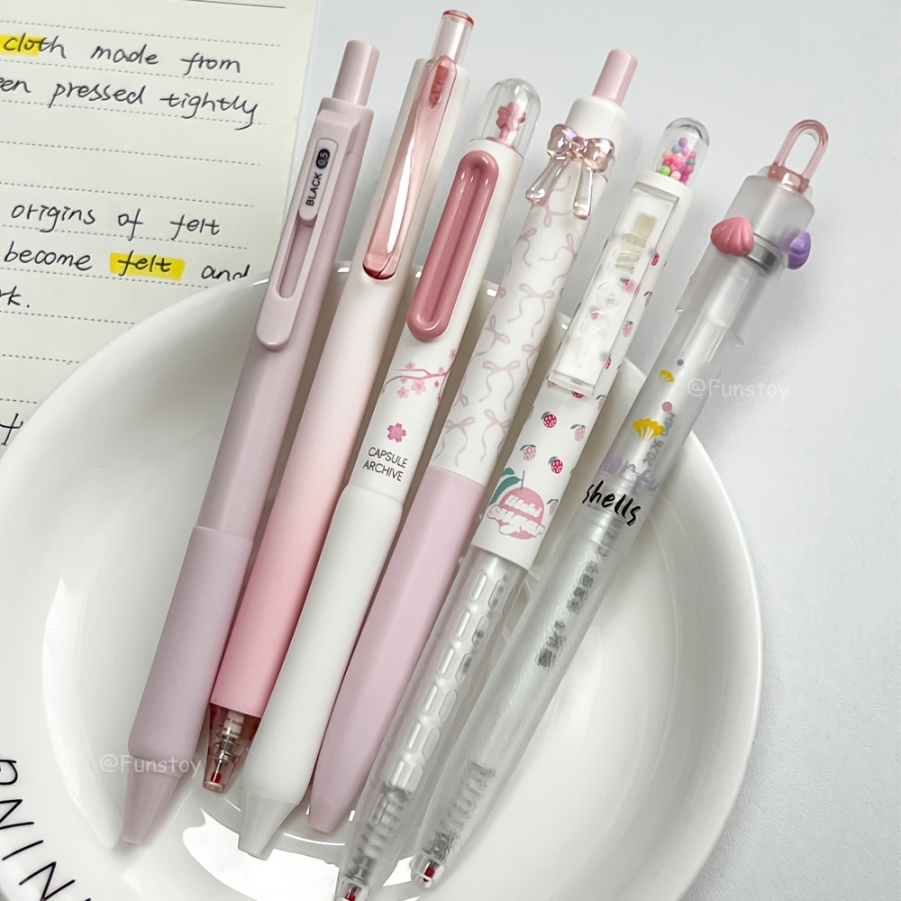 TEMU 6pcs Fun Pink Series Gel Pen Set 0.5mm Creative Black Quick Dry Pens Bow Flowers Style Writing Pens For Study And Office Use