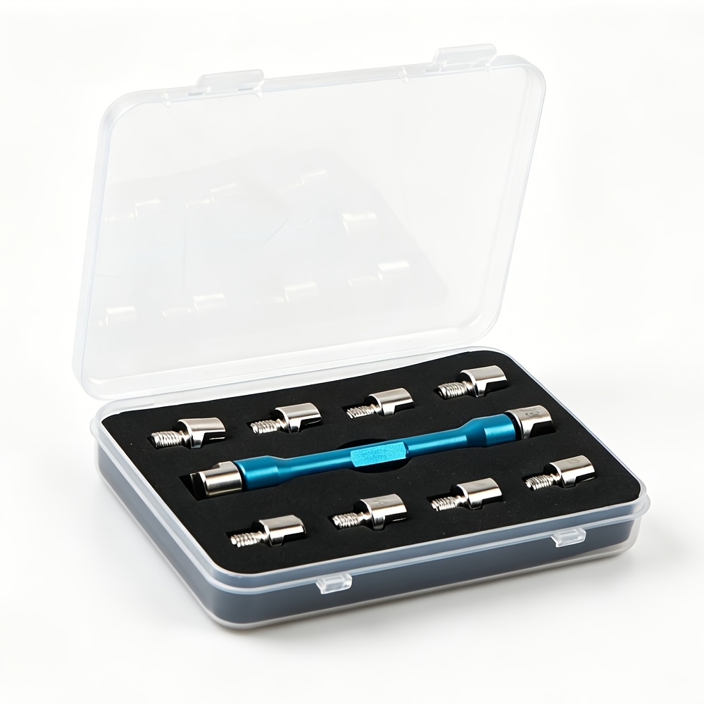 Image of Set Of Motorcycle Spoke Wrenches For Adjusting Spoke Tension, Featuring A Handle And 10 Hardened Tips Suitable For Most Bikes, Ranging From Sizes 5.0 To 6.8