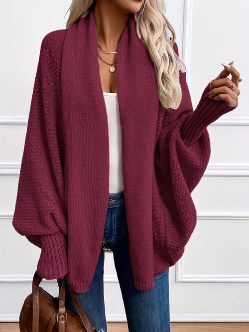 womens elegant batwing sleeve cardigan soft maroon open front sweater versatile for casual professional wear comfortable chic layering piece workwear essential stylish knitwear durable minimalist style breathable fabric modern wardrobe staple