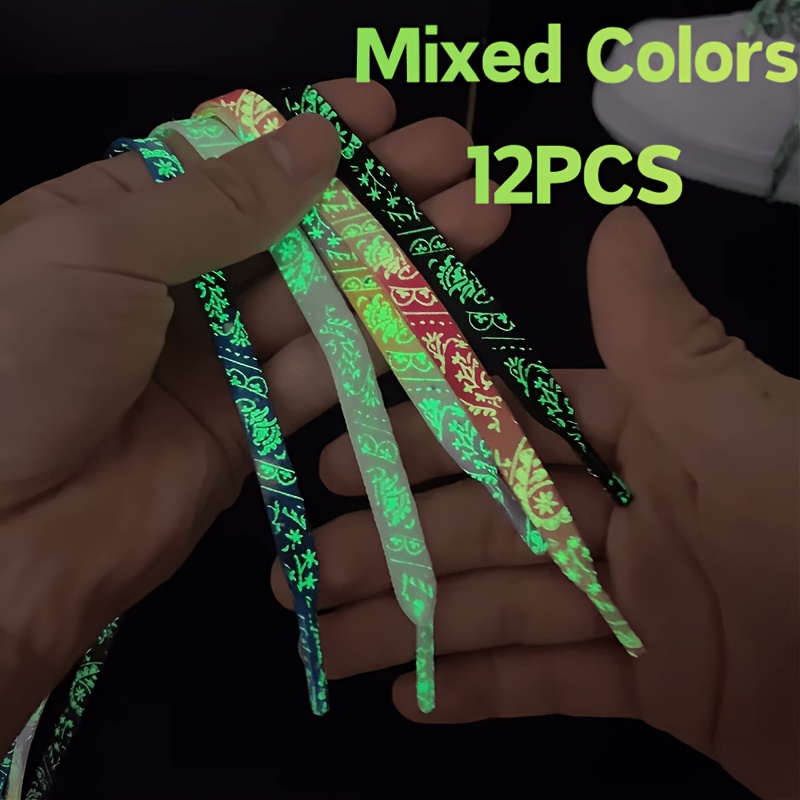TEMU 12pcs Random Color Luminous Paisley Pattern Flat Shoelaces, 120cm Printed -the-dark Polyester Shoe Laces, Versatile Replacement Decorative