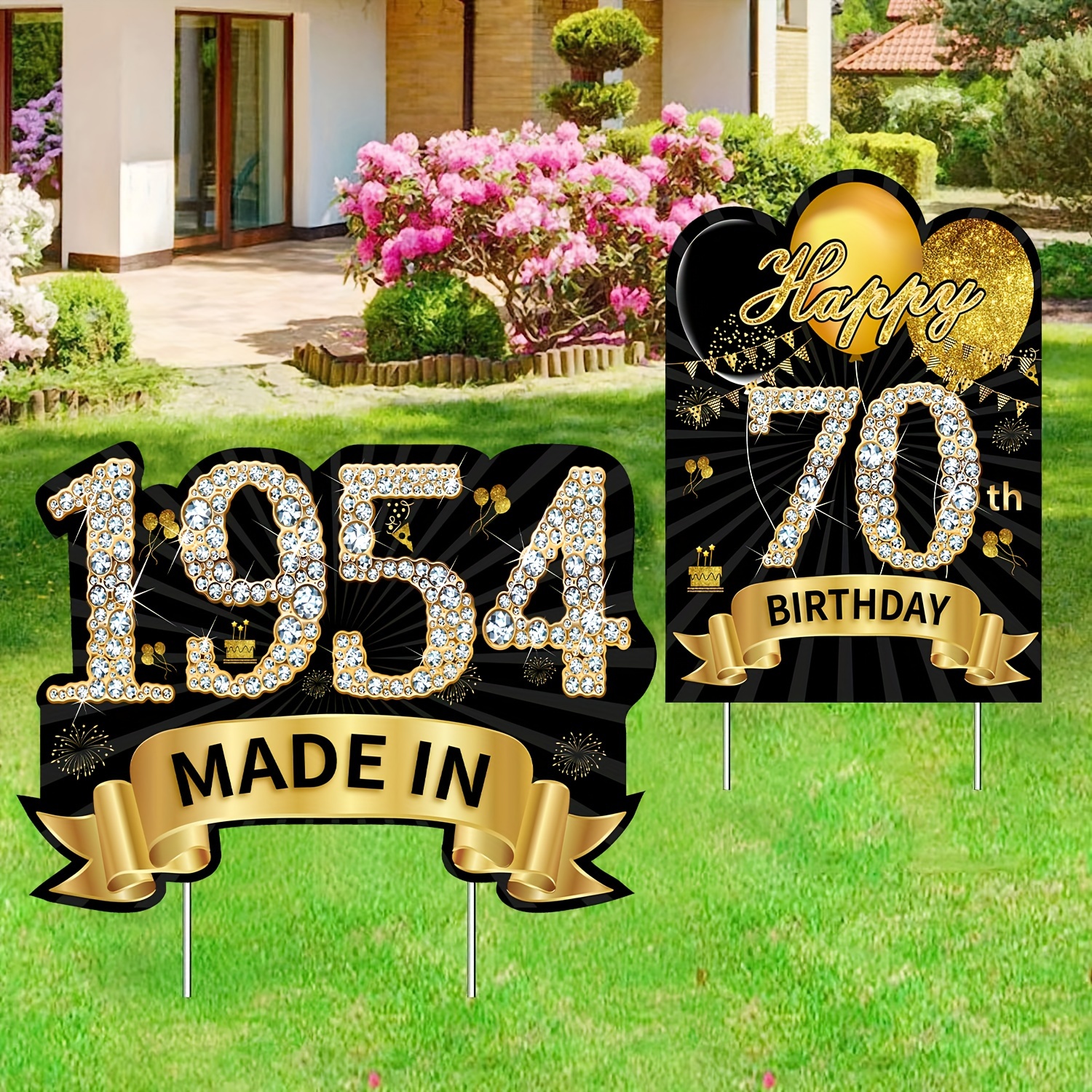 

2pcs Festive Black Golden 70th Birthday Yard Signs, Made In 1954, Classic Happy Seventy Outdoor Lawn Decorations, Durable Plastic Party Supplies With Stakes For Men & Women