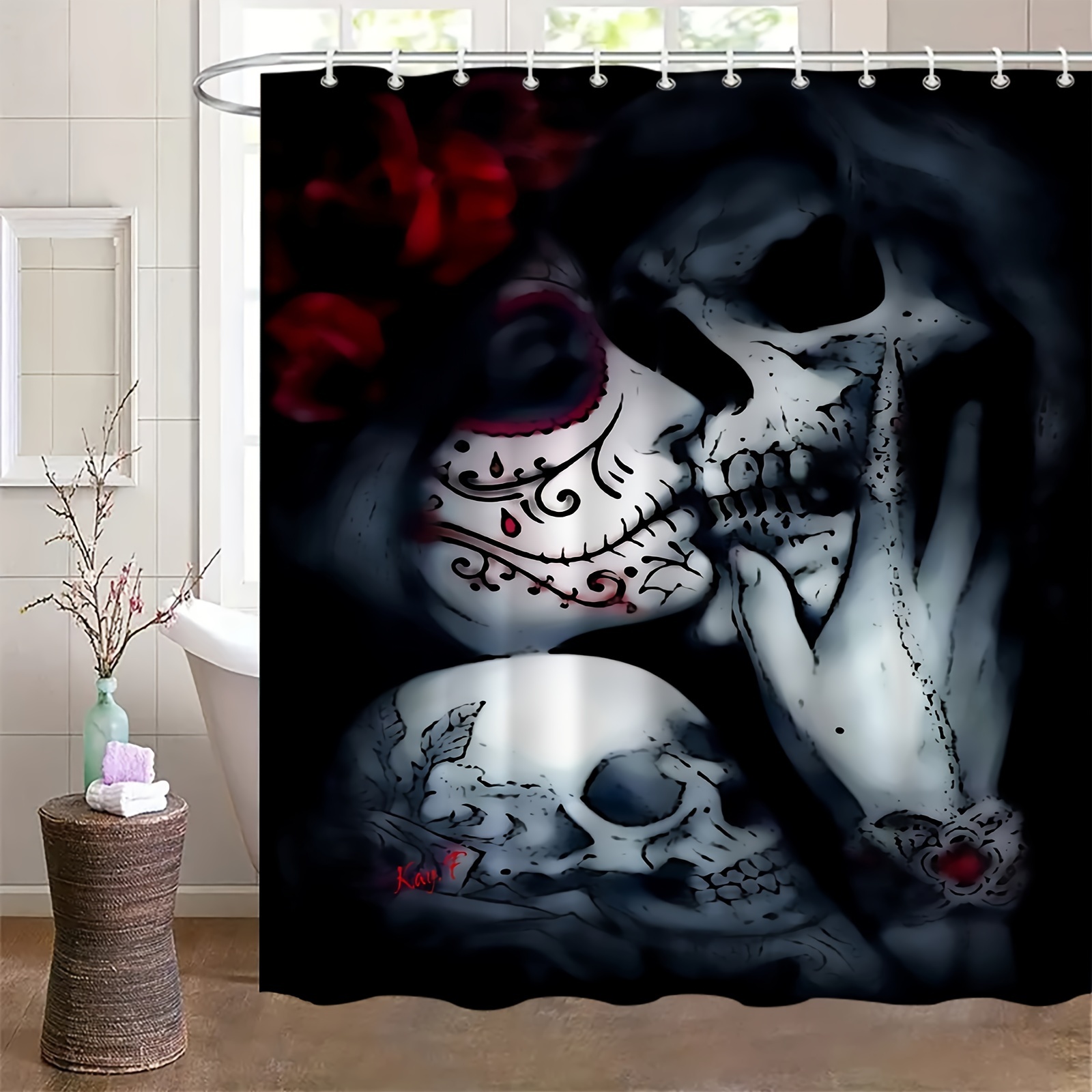 Gothic Shower Curtain Hooks - Skull Moth Metal Rings Bathroom Decor
