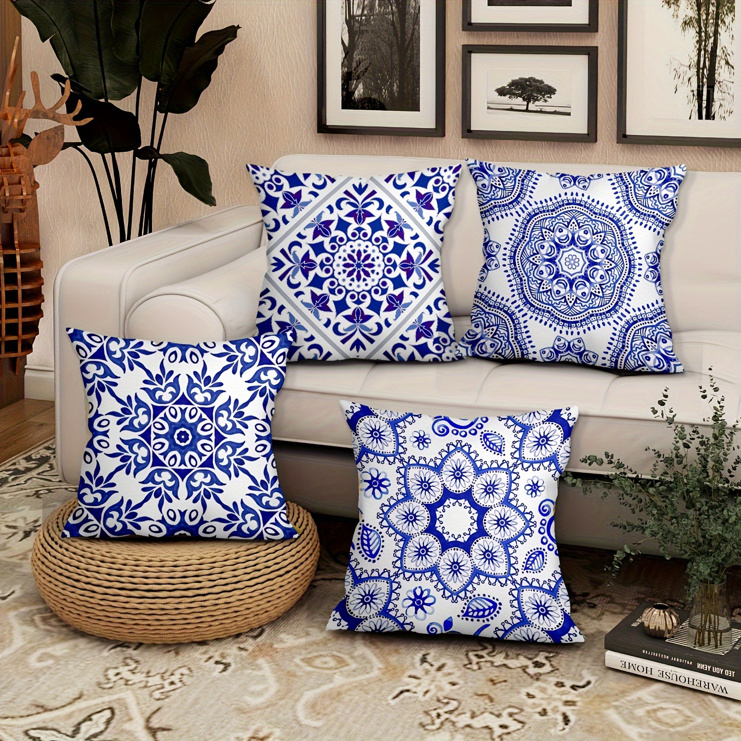 

4pcs, Short Plush Pillow Case Blue And White Bohemian Pattern Very Soft To Touch 17.7 "x17.7" Single Sided Print Without Pillow Core Room Decor Office Decor Home Decor Car Decor