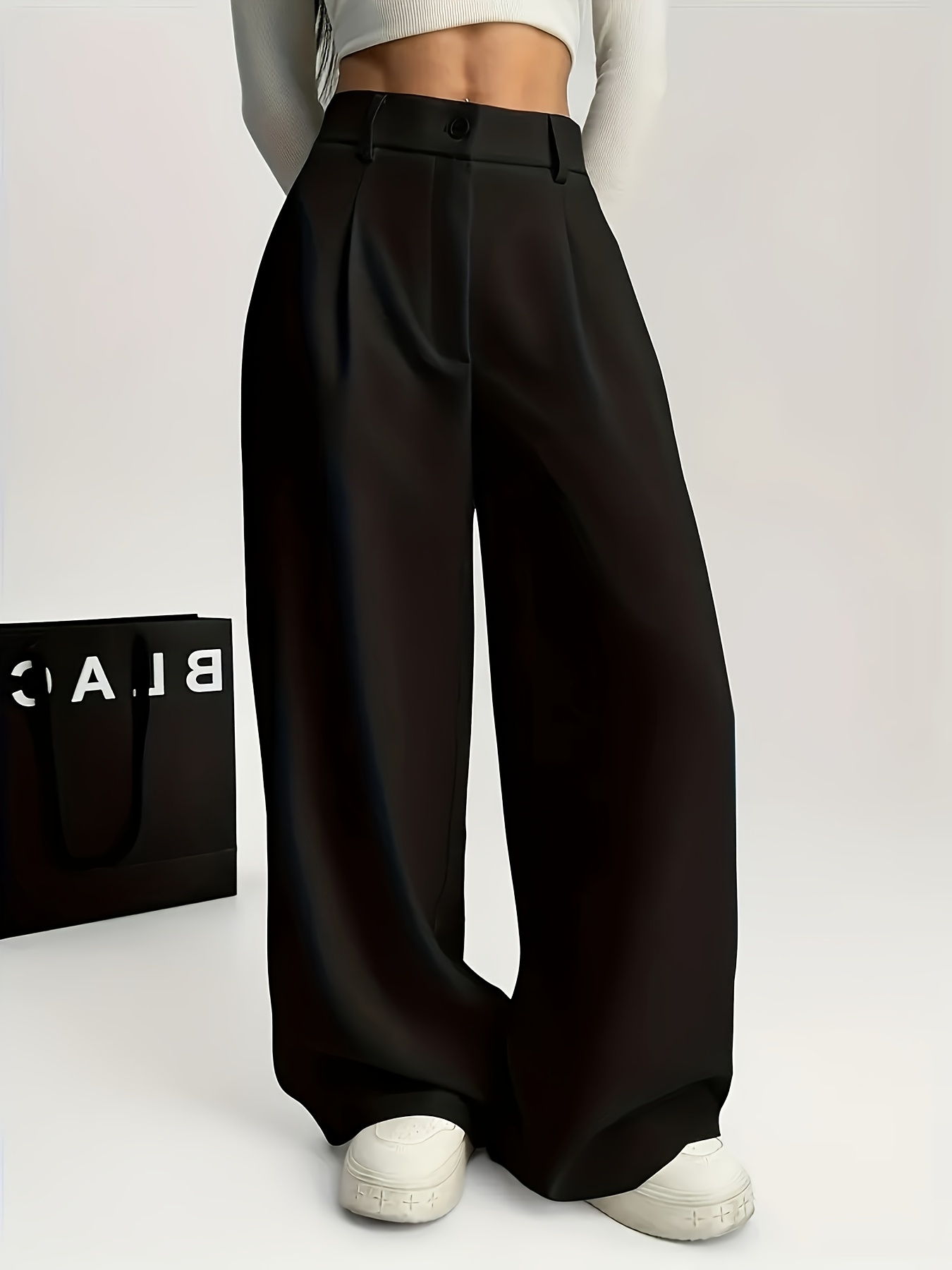 womens black wide leg work pants beltless straight leg - Temu