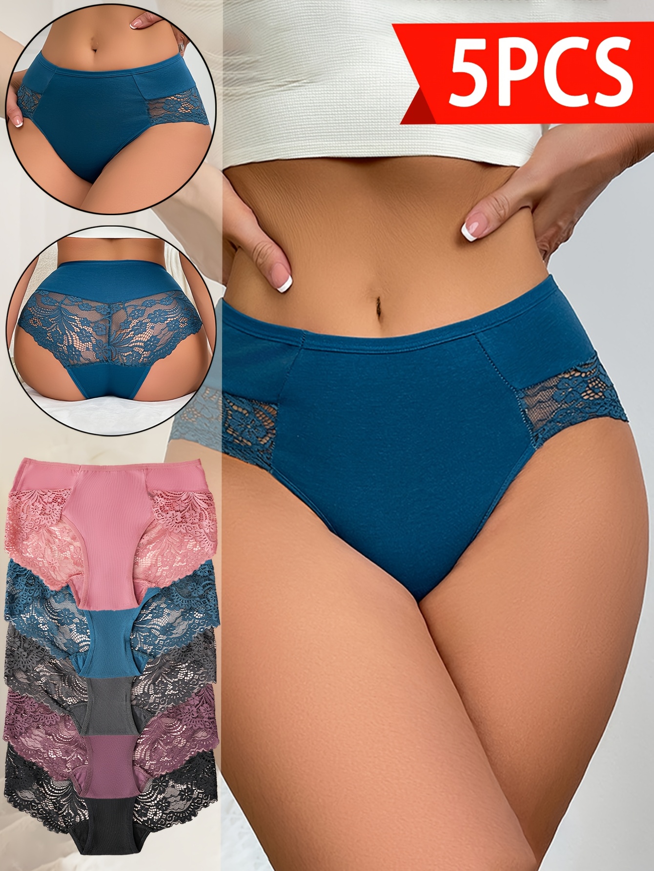 5pcs Women'S Elegant Lace Underwear - Semi-Sheer Breathable Mid-Rise Briefs with Contrast Lace Trim, High Elasticity Light Beige-Friendly Comfort, Assorted Colors (Navy, Pink, Black, Purple, White) for Casual Attire, Lace Panties, Comfortable Underwear, Semitransparent Design, Highelasticity Fabric, Daily Essentials, Stylish Panties, Soft Material, Seamless Panties, Stylish Women