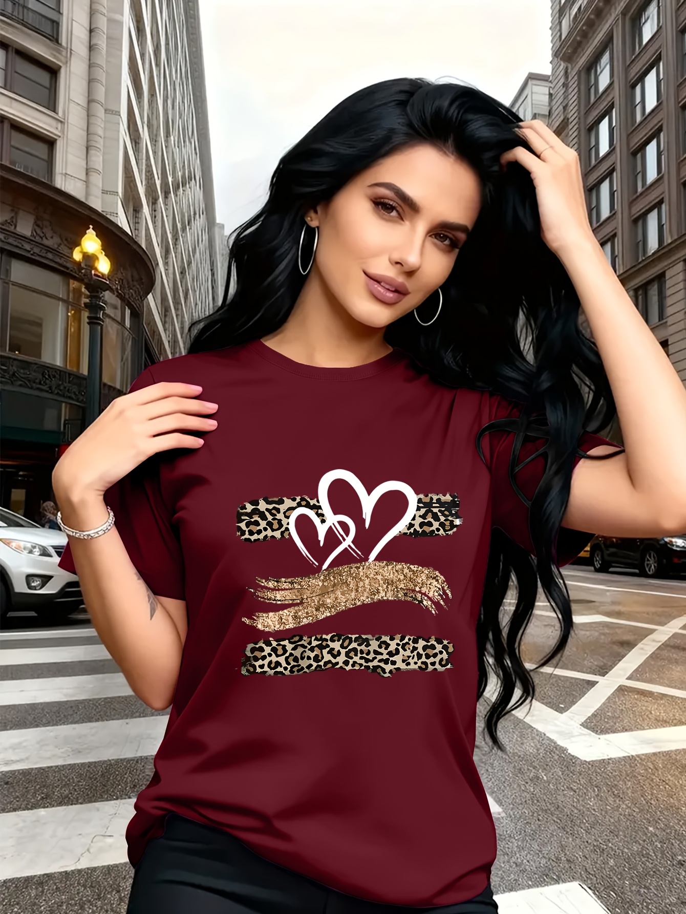 Leopard Print Heart Glitter-themed Pattern Print, Fashionable Breathable T-shirt, for Family Travel,, Casual S, Daily Commutes, Matching Outfits for Sisters, Versatile T-shirt 30057
