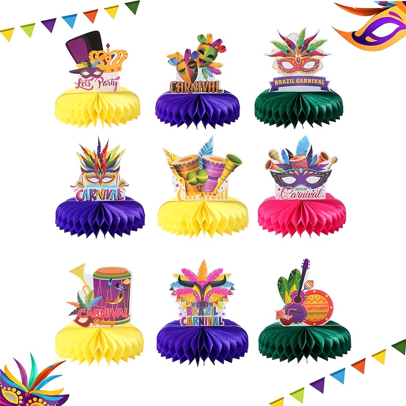 

9pcs Vibrant Brazil Carnival Honeycomb Centerpieces, Paper Table Decorations For Mardi Gras, Circus & , No Power Needed, Spring Holiday Party Supplies