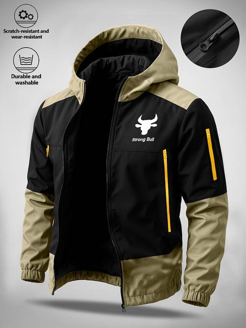 item picture mens hooded jacket with bull logo colorblock hooded outdoor jacket mens sporty casual outerwear jk1859