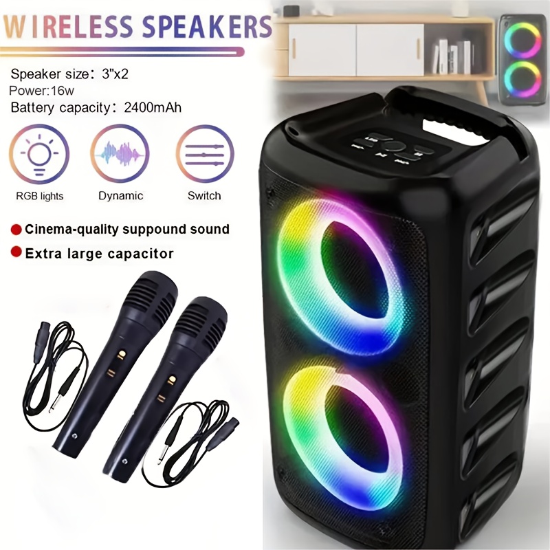 Image of Dual-woofer Wireless Speaker: Outdoor Wireless Speaker With Party Disco Led Lights, Supports Tws/aux/tf, 2400mah , Portable Design, For Family Gatherings/music Lovers, For Holiday Gifts, Music