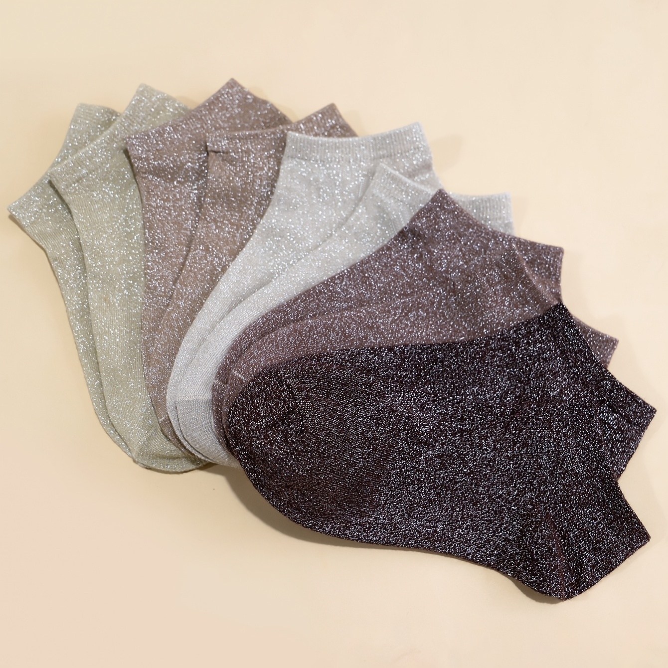 E-shop 5-Pack Zufällige Damensocken, Sommerstil, Japanisch-Koreanischer Kaffeefarben Einfarbig mit Glitzerndem Silberfaden Modestrümpfe