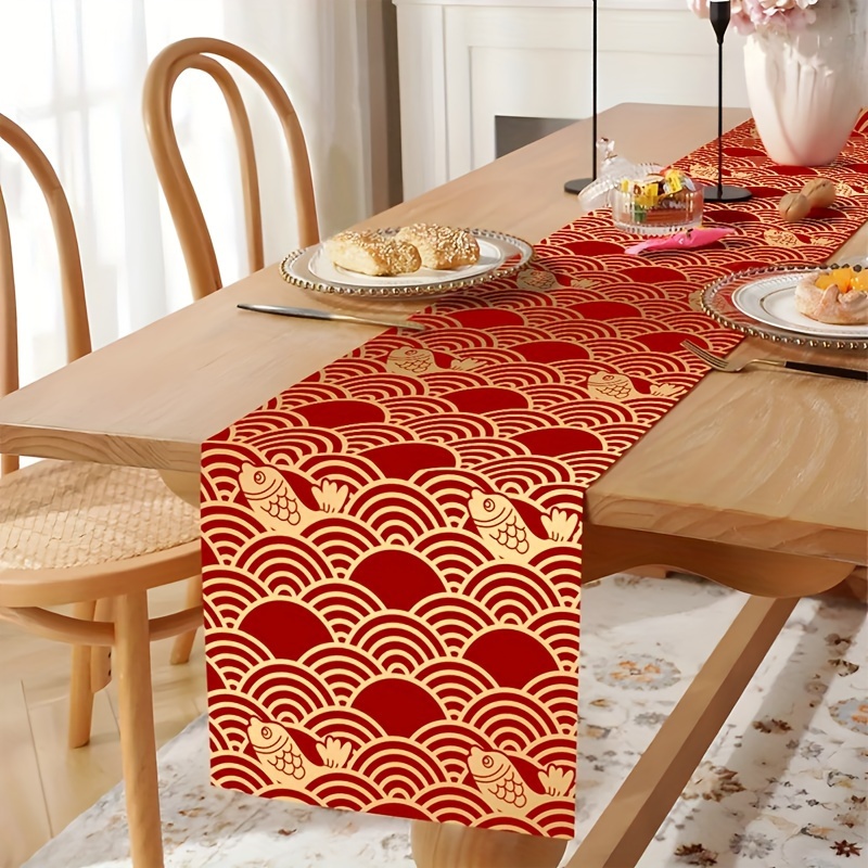 

1pc, Chinese New Year Table Runner, 35*180cm Polyester Table Flag, Gold Scale Table Runner, New Year Decor, Decoration, Lunar New Year Celebrations, Dining Table Decor, Chinese New Year Gifts