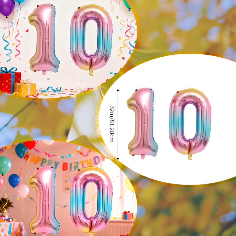 Image of 2pcs Large 1 & 0 Number Balloons, Pink To Blue Gradient Foil, For 10th Birthday For Party Decor, Teens Celebration, Photo Backdrop Styling, Gradient Number Balloons For Party Decoration
