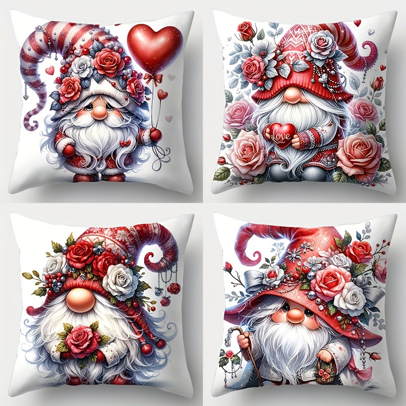 

Valentine's Day Gnome Throw Pillow Covers Set Of 4, Contemporary 17.7" X 17.7" Cushion Cases With Love Heart Balloon & Rose Patterns, Zippered Polyester Decorative Pillowcases For Living Room Sofa