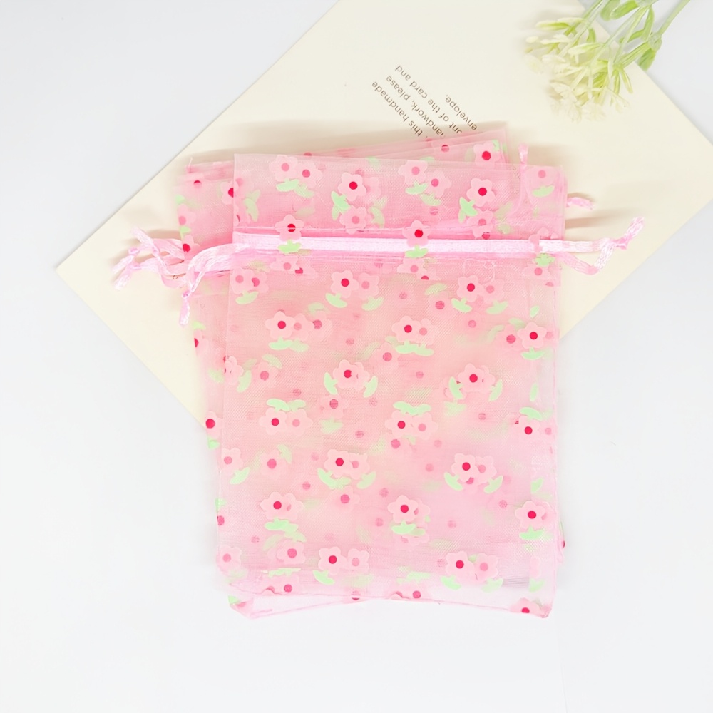TEMU Gift For Her/him 10pcs And 20pcs Printed Organza Drawstring Pouch Cute Small Flower Tulle Mini Gift Bags Valentine's Day Jewelry Bag Wedding
