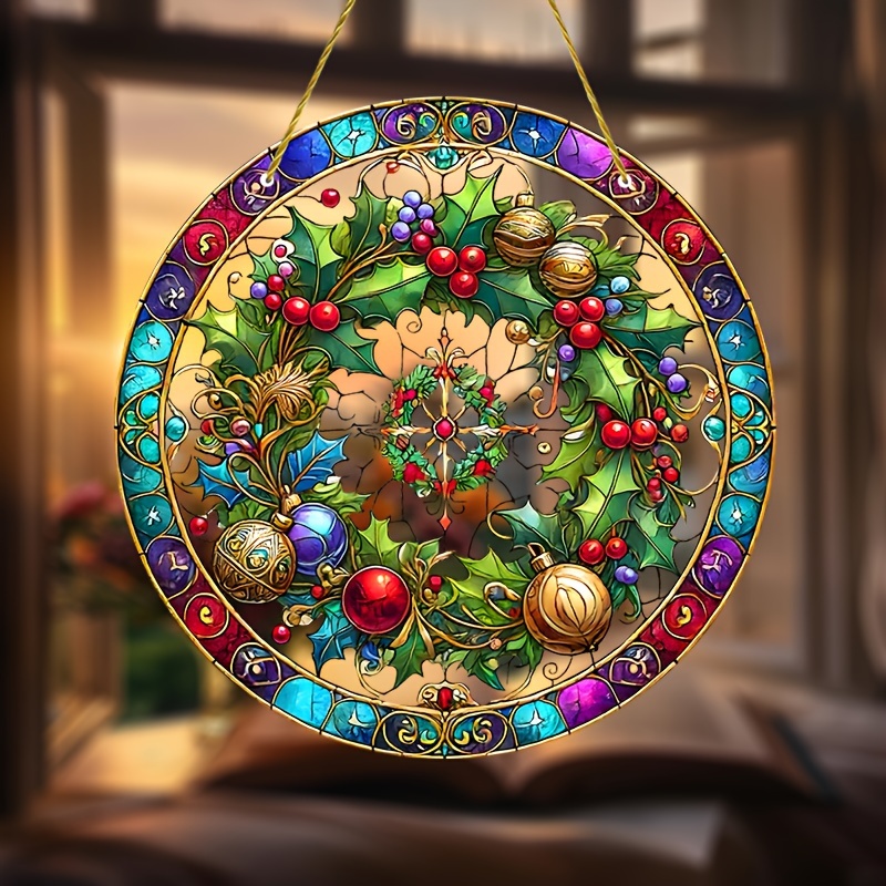 Stain glass panel Christmas wreath suncatcher Stained glass window hanging Glass art store Сhristmas home decoration Xmas gift Garden decor