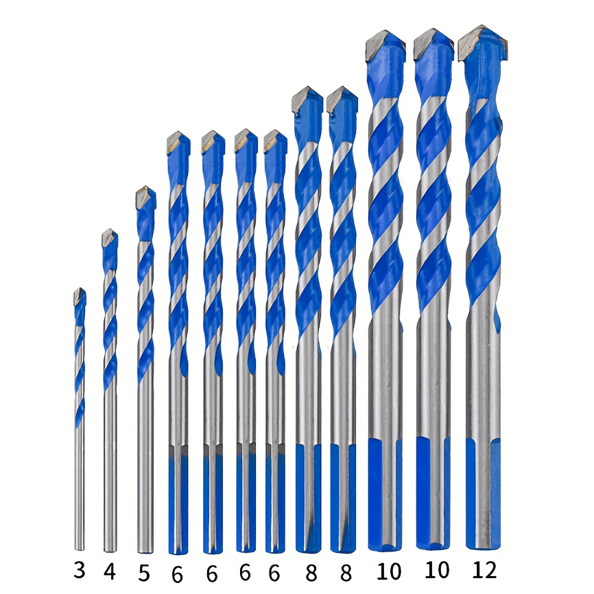 Multifunctional Triangle Alloy Drill Bit, 12pcs Blue Masonry Drill Bit Set, Tile Glass Concrete Drill Bit Tile Cement Concrete Wall High Full Hardness Hole Opener (3/4/5/6/6/6/6/8/8/10/10/12)mm