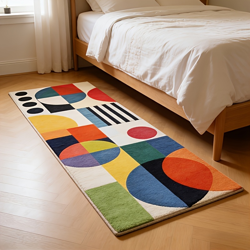 TEMU Kafulam -style Modern Geometric Rug Suitable For Nordic & Mid- Decor - Thick Non-slip Tufted With Pvc Backing, Machine Washable Colorblock Floor