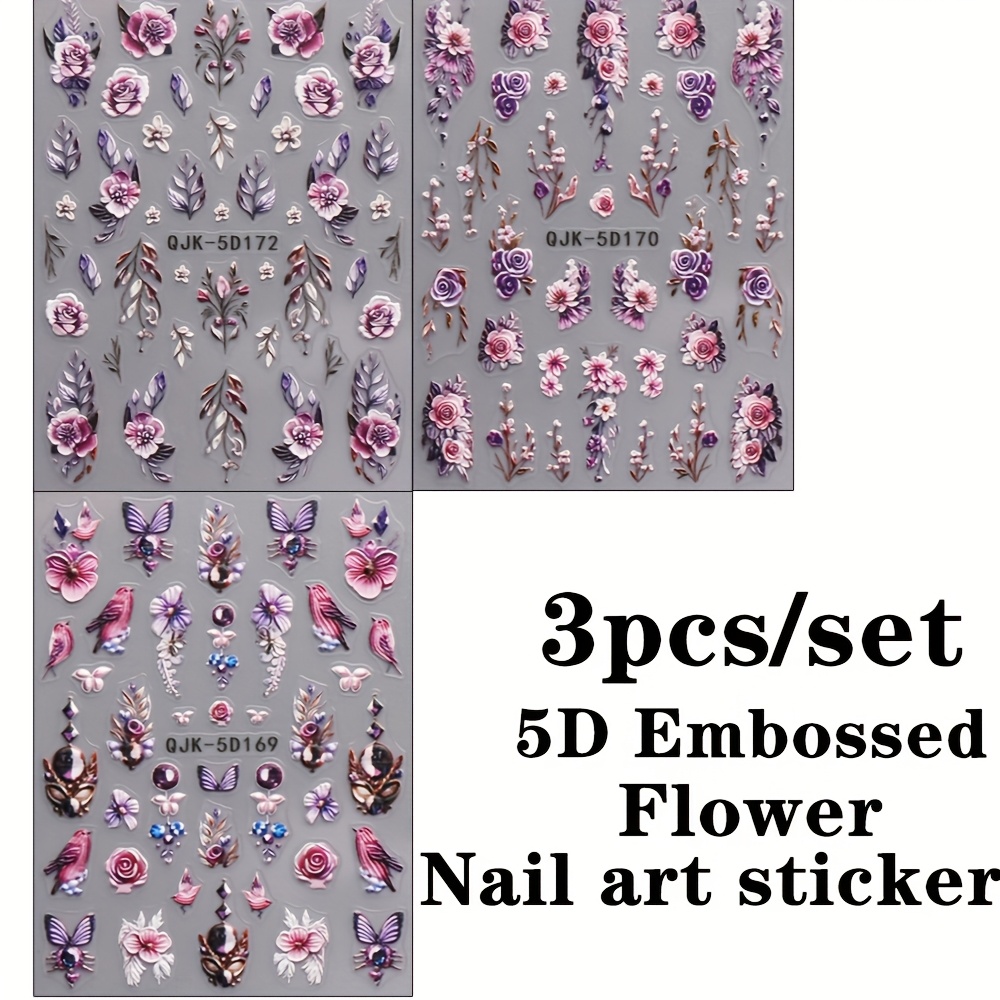 Image of 3pcs Self-adhesive 5d Nail Stickers Compatible For - & Purple Roses With Bird/ Embellishments - Decals, Temporary Nail For Women & (spring)