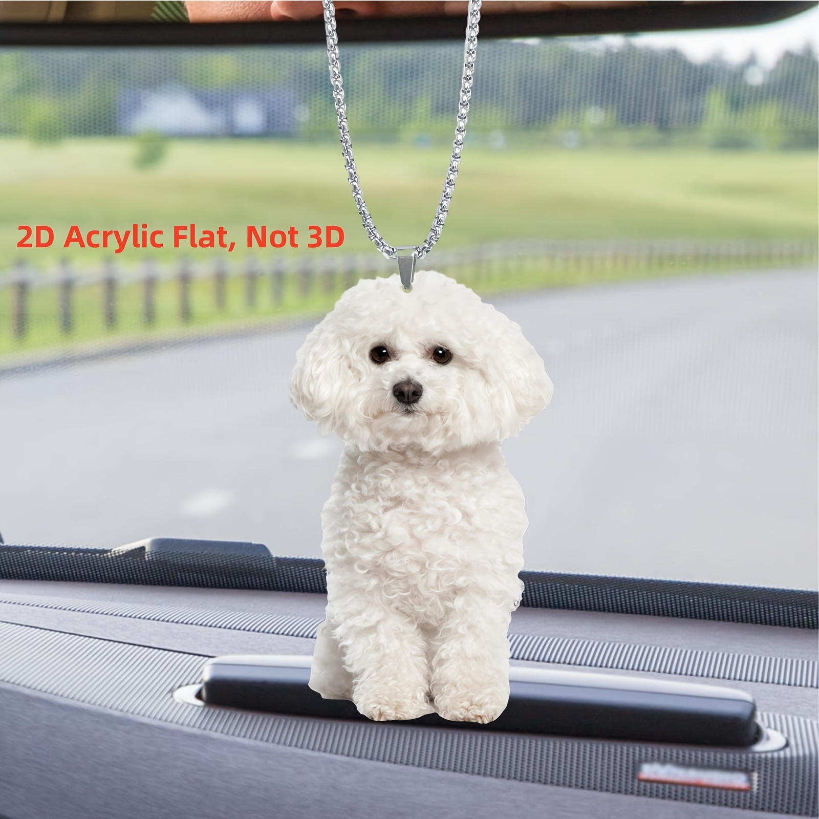 TEMU 1pc 2d White Curly Haired Dog-4 Pattern Acrylic Car Pendant With Chain, Suitable For More Scenarios Such As Cars, Backpacks, Interior Decoration, Etc