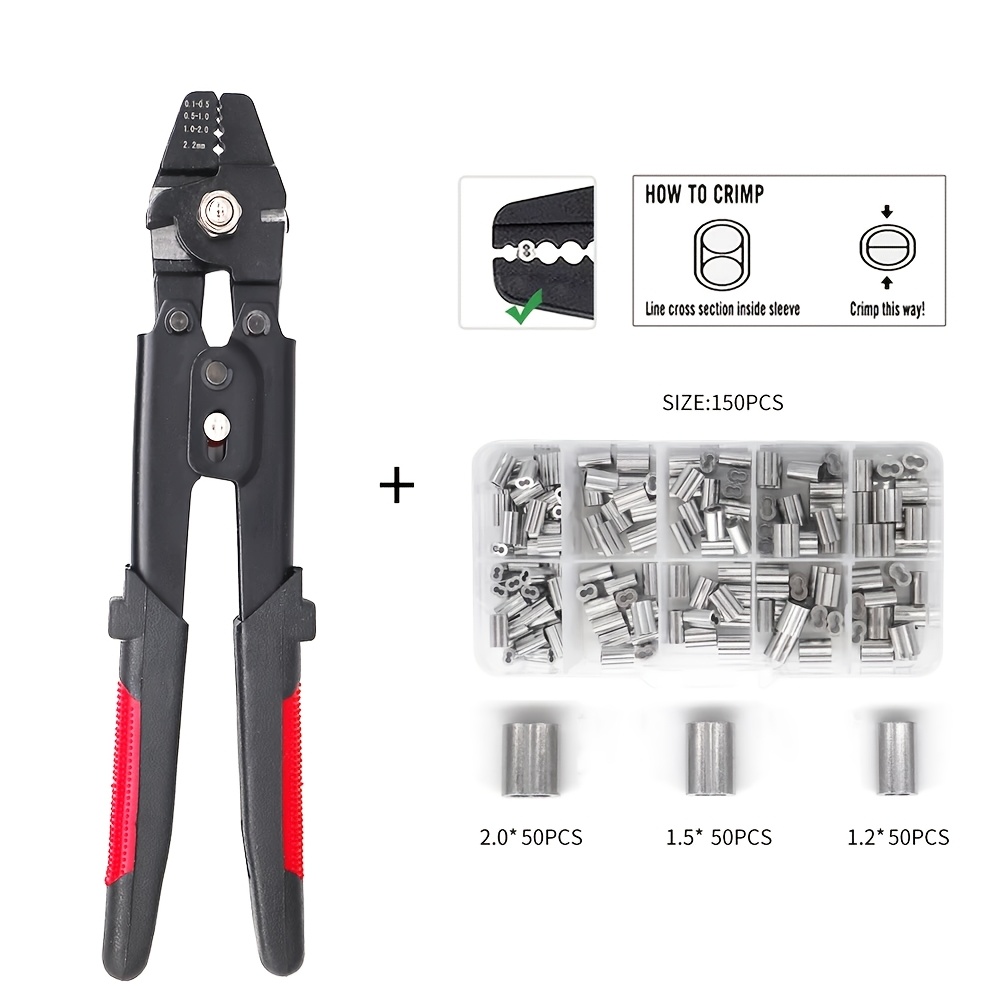 TEMU Outil de sertissage de câble métallique jusqu'à 2,2 mm, sertisseurs de câble métallique, outil de sertissage de pêche avec 150 pièces, kit de
