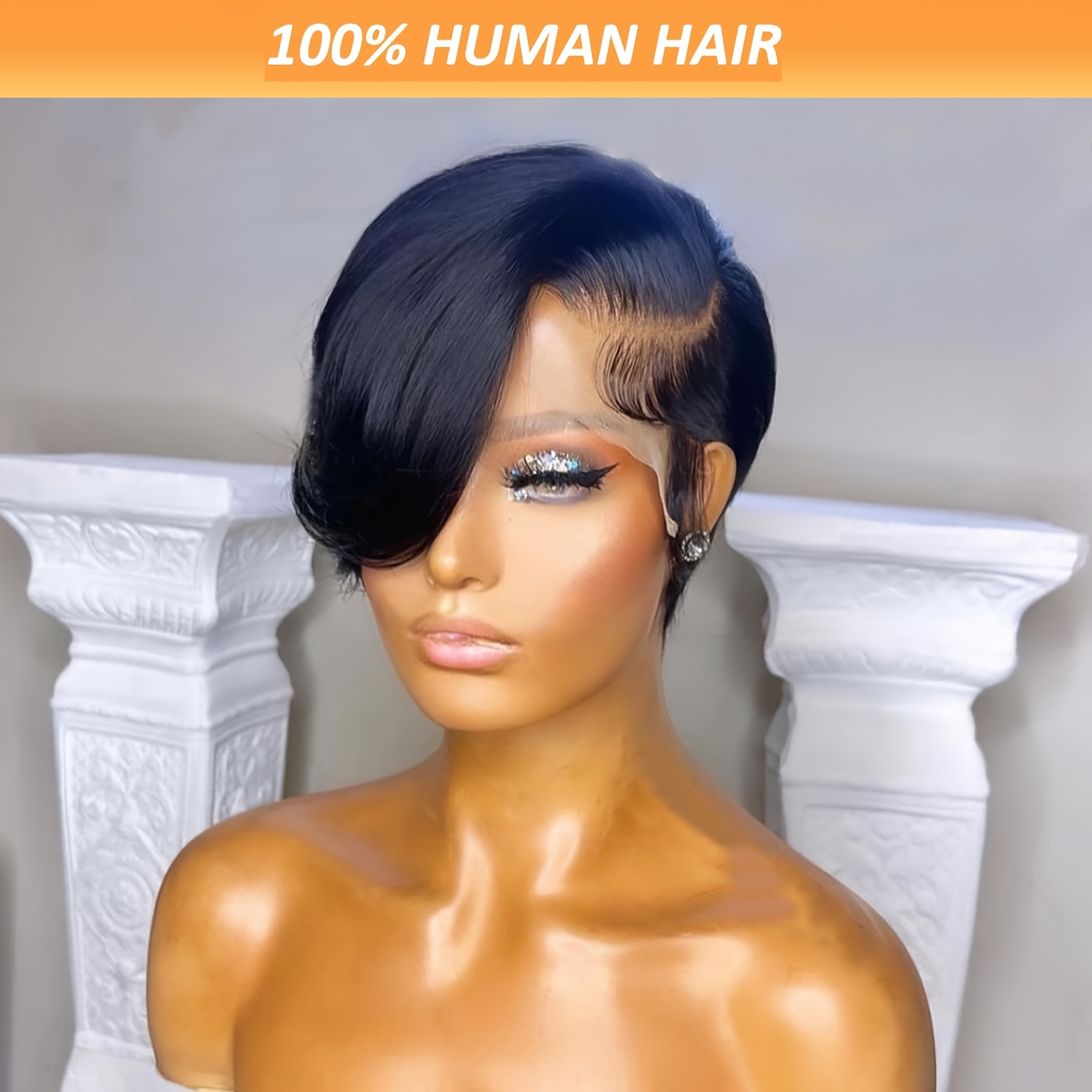 TEMU Elegant Cut Lace Front Wig For Women, 8inch Natural Black 1b, Brazilian Human Hair, Breathable & Lightweight, Body Wave, 150% Density, Side Part