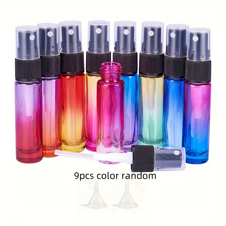 

Set Of 9 Rainbow Glass Spray Bottles, 0.34 Ounces Each - Refillable Perfume And Essential Oil Bottles, Includes 2 Funnels.