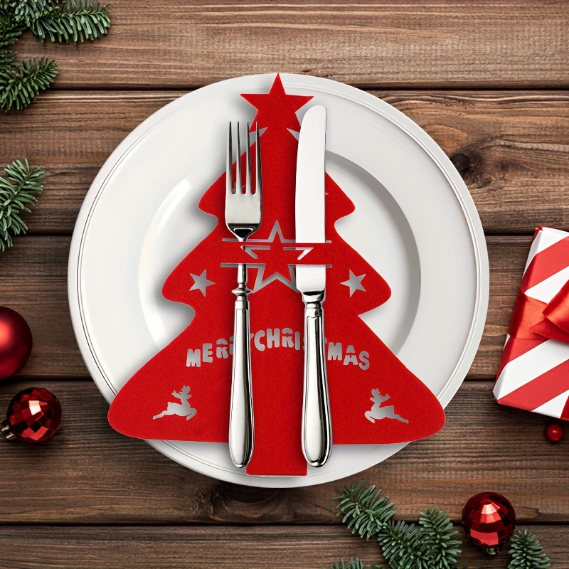 Image of 12pcs Christmas Tree Utensil Holder - Festive Felt Knife And Fork Placemats, Suitable For Holiday Table Decorations, Christmas Decor
