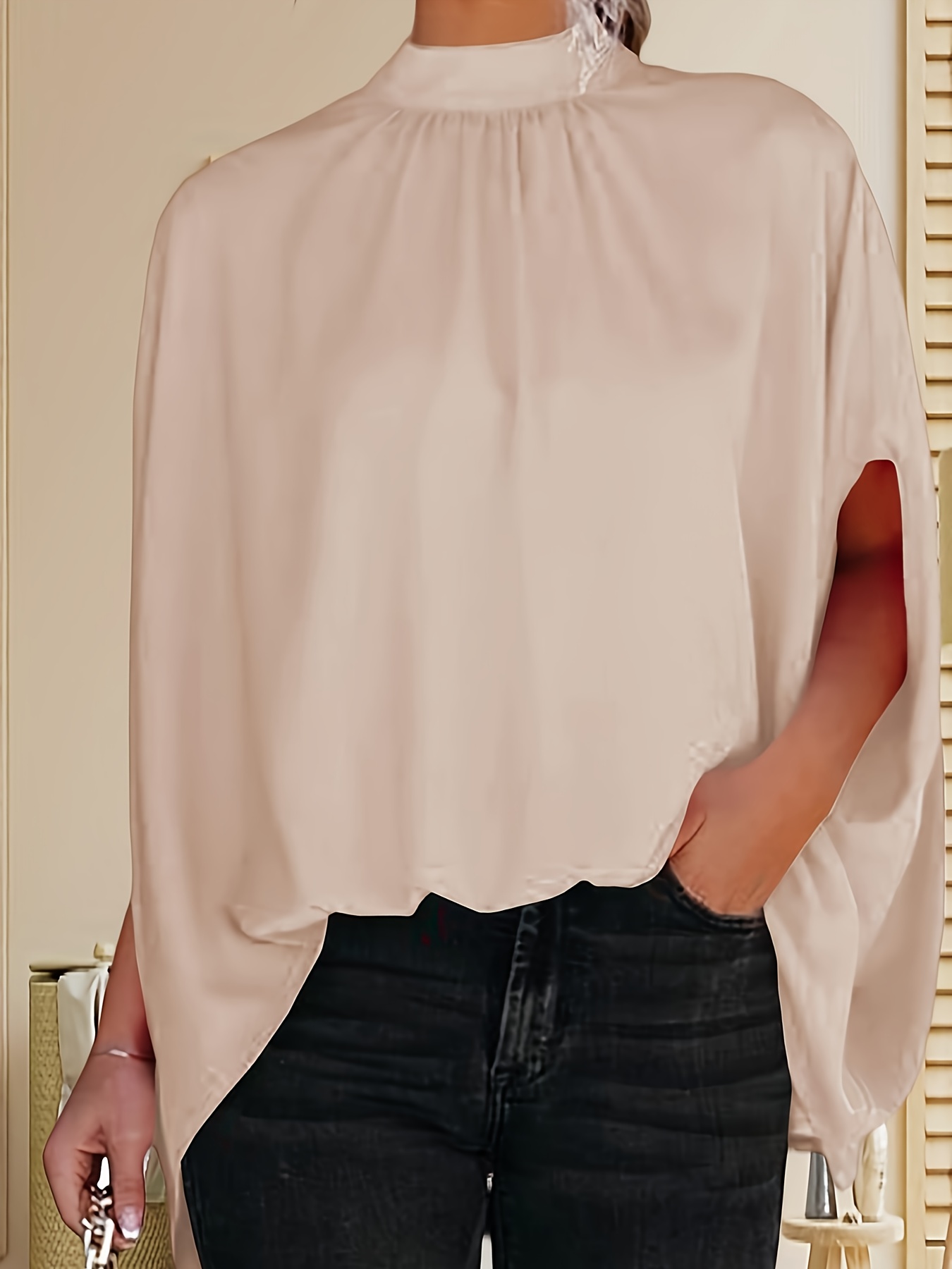 elegant green mock neck cape blouse women oversized summer - Temu