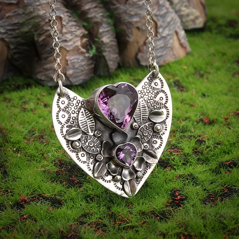 

Elegant Heart-shaped Pendant Necklace With Purple Rhinestone Accents, Alloy Vintage Punk Style, Ideal For & Romantic Gift-giving, Suitable For – Valentine's Day Love Gemstone Necklace, 1pc