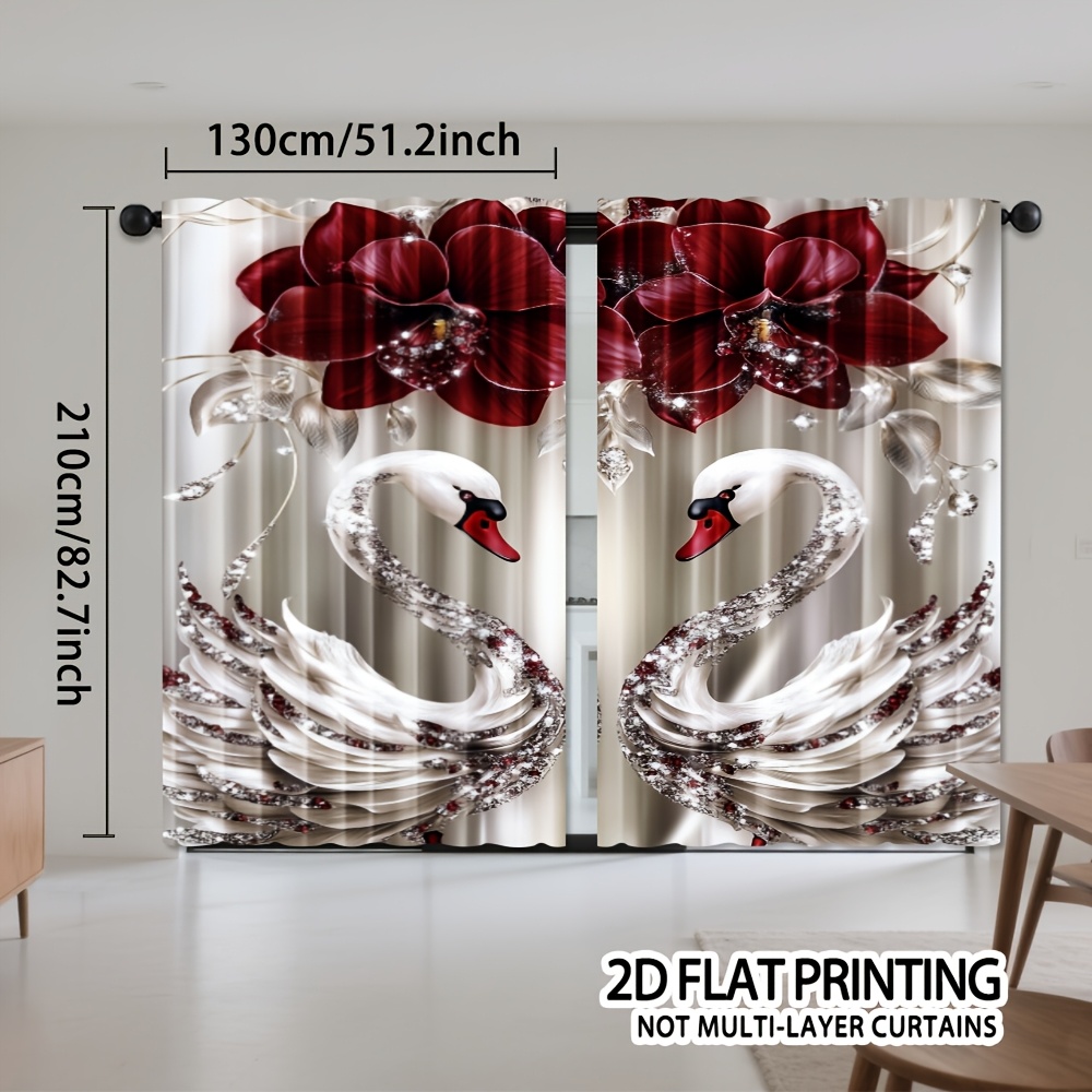 TEMU 2d Flat, 2d Flat Printing, 2pcs, 2d Flat Printing, Floral And Swan Curtains Polyester Light Filtering Rod Pocket Drapes For Living Room Bedroom