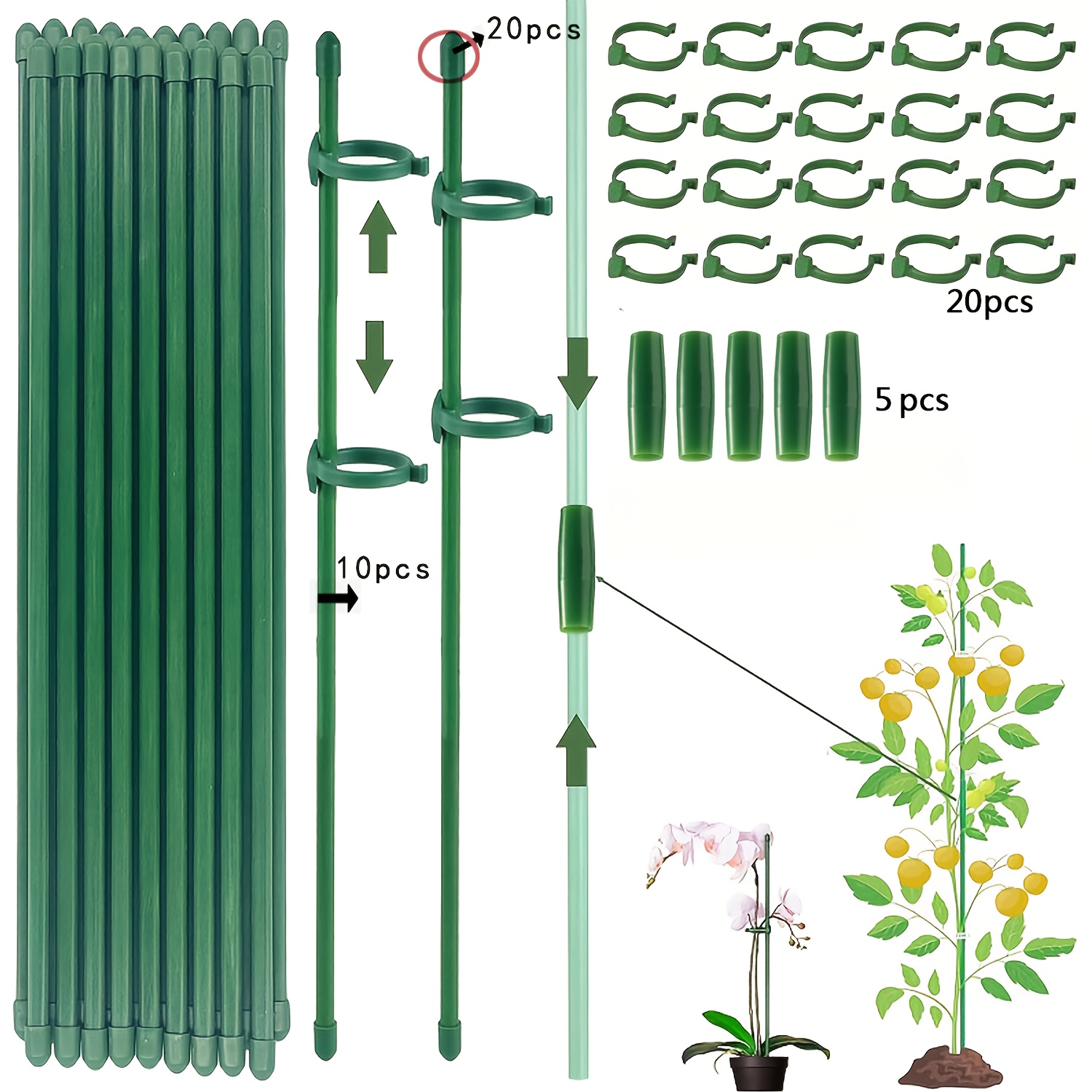E-shop 55-teiliges Set/Pflanzenstütze, Kletterhilfe, 10 Pflanzenstützen + 20 der Stange, mit 20 Rundschlössern und 5 Verlängerungsrohren,