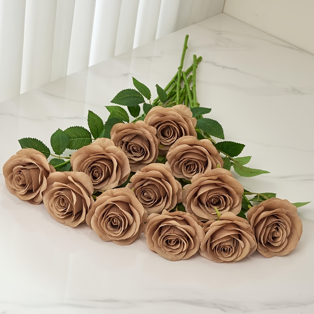 

Fabric Artificial Roses Bouquet, 9pcs Realistic Brown Simulation Rose Stems With Mixed Size Leaves For Home Decor And Floral Arrangements